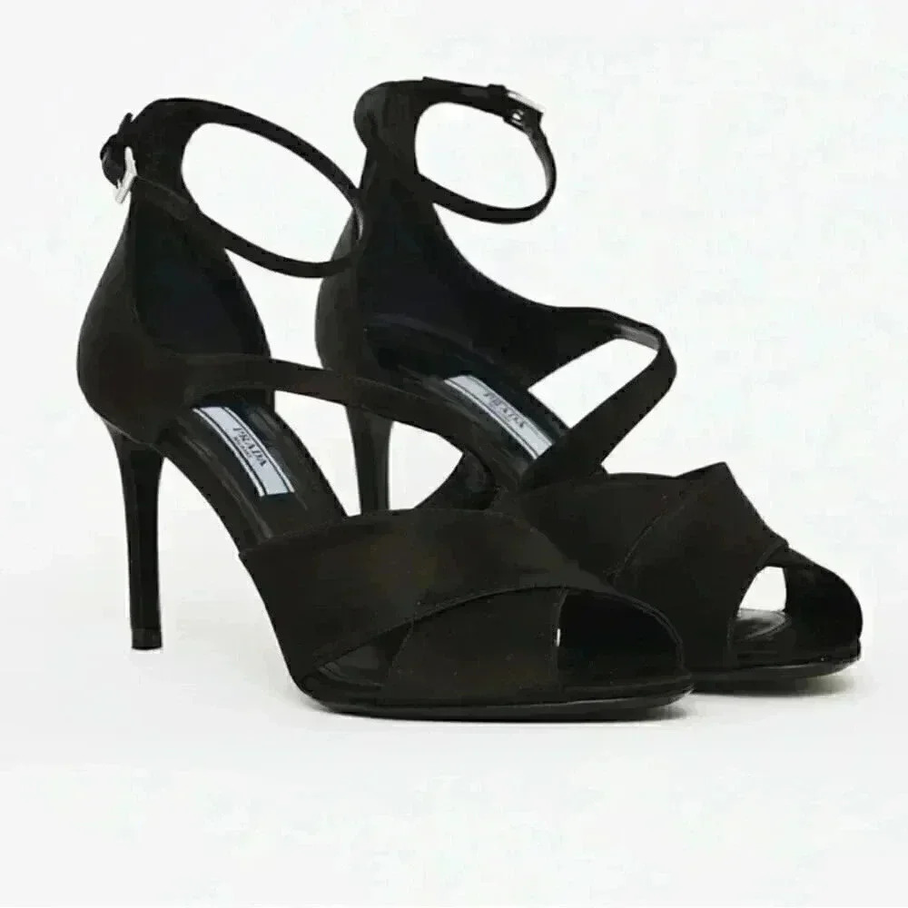 NWT Prada Black Satin Strappy Heel